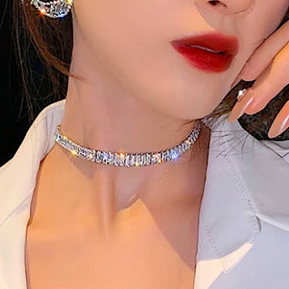 Sterling Silver Diamond Zircoin Rhinestone Choker Measures 18 In. Adjust 16"-18" - Picture 5 of 8
